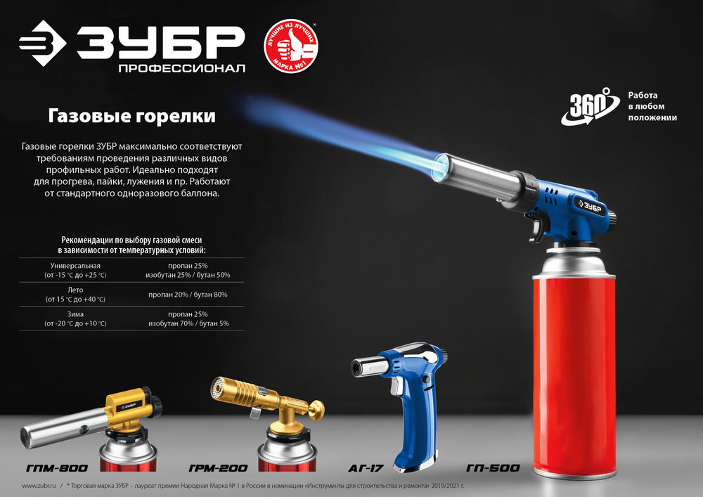 Горелка газовая ГРМ-200 1300°C, цельнометаллическая, 2 в 1, на баллон с цанговым соединением ЗУБР Профессионал 55556