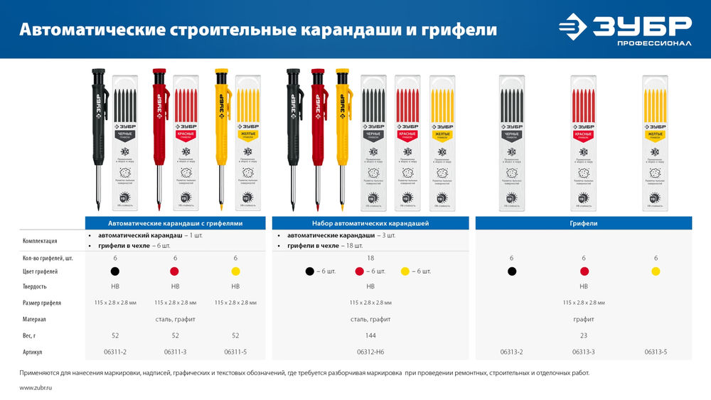 Грифели для автоматического карандаша черные 2.8 мм, HB, 6 шт ЗУБР 06313-2