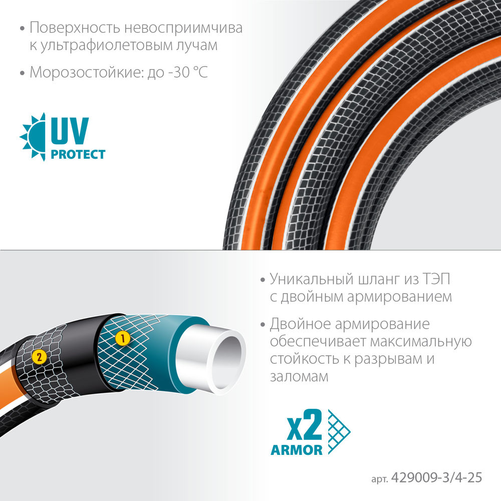 Поливочный шланг ULTRA 6, 3/4, 25 м, 25 атм, шестислойный, двойное армирование, PROLine GRINDA 429009-3/4-25