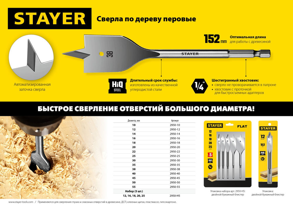 Сверло по дереву перовое 22 x 152 мм Flat STAYER 2950-22