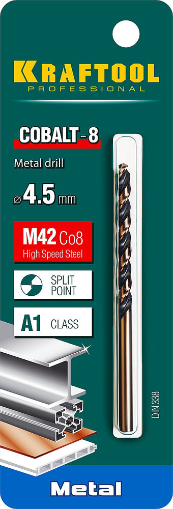 Сверло по металлу 4.5 х 80 мм сталь М42, HSS-Co(8%) COBALT-8 KRAFTOOL 29656-4.5