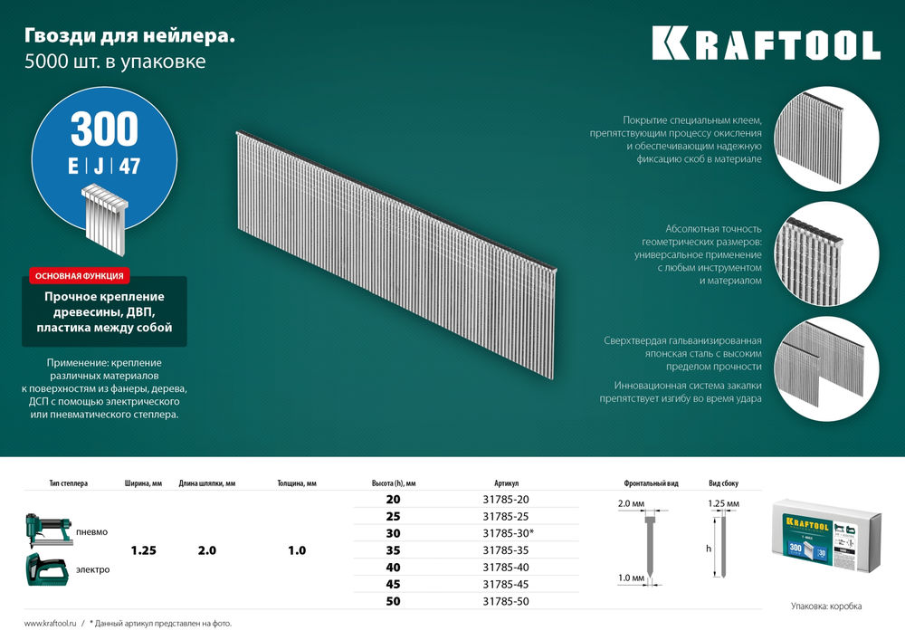 Гвозди тип 300 (47/J/F), 30 мм, калибр 18GA, 5000 шт KRAFTOOL 31785-30