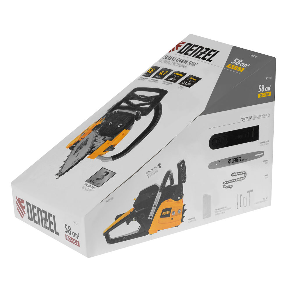 Пила цепная бензиновая DGS-5820, шина 50 см, 58 см3, 4.1 л.с, шаг 0.325, паз 1.5 мм, 76 звеньев Denzel (95235)