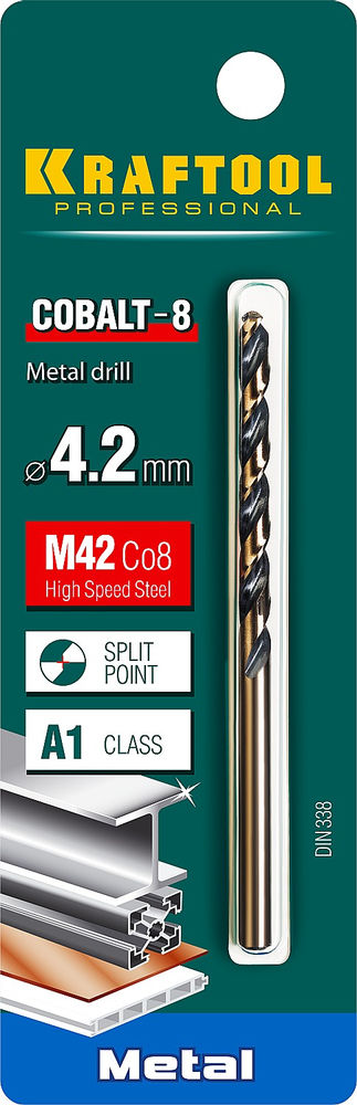 Сверло по металлу 4.2 х 75 мм сталь М42, HSS-Co(8%) COBALT-8 KRAFTOOL 29656-4.2