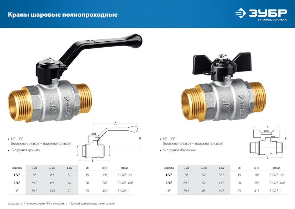 Шаровой кран полнопроходной d 3/4, ручка «бабочка», «папа-папа» ЗУБР 51327-3/4