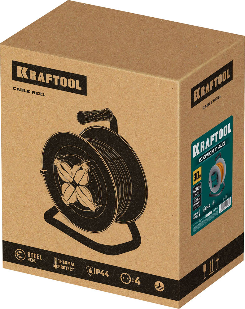 Силовой удлинитель на стальной катушкеEXPERT ПВС 3х2.5 30м 4000Вт IP44 KRAFTOOL 55089-30