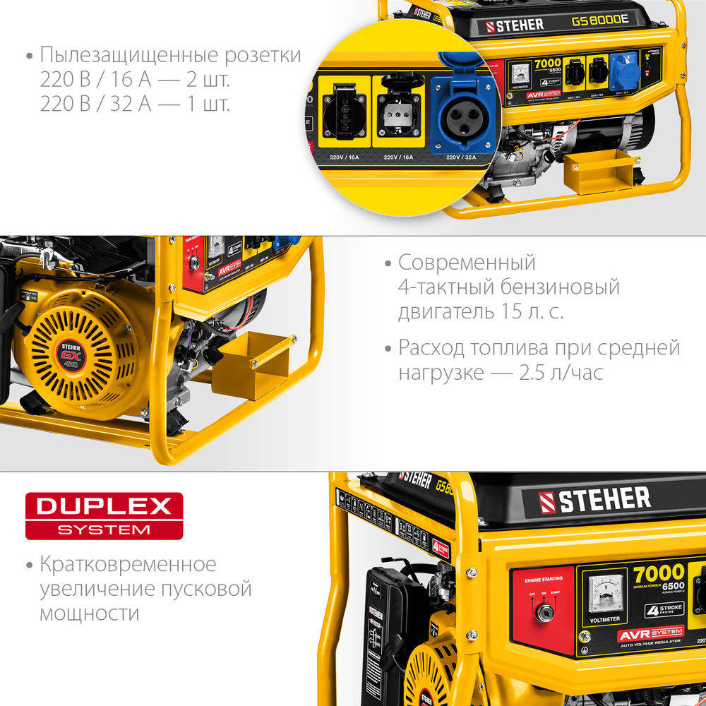 Генератор бензиновый 7000 Вт с электростартером STEHER GS-8000Е